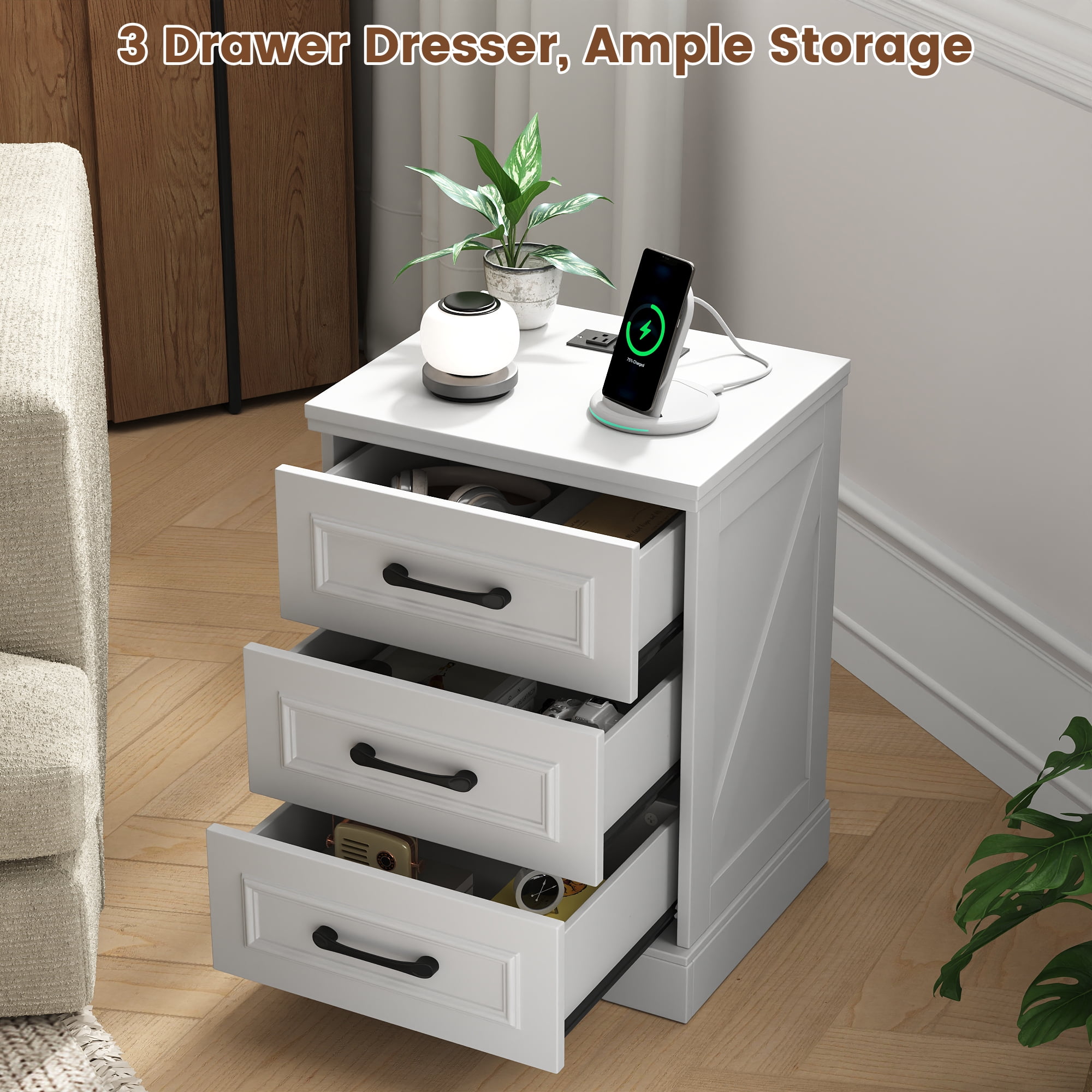 Nightstand, Farmhouse End Table with Charging Station, 3 Drawers Storage for Bedroom