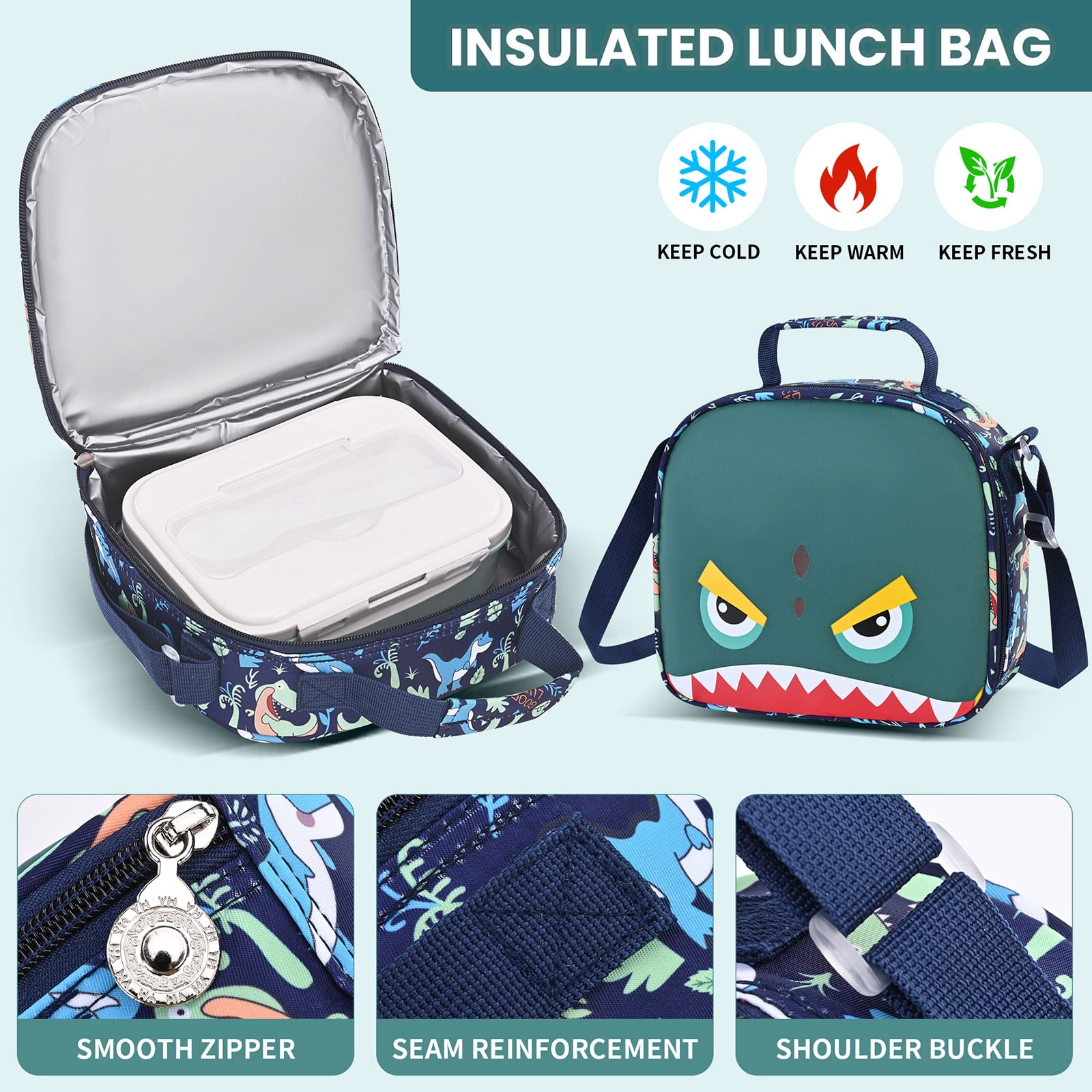 Burufy Kids School Backpack Set for Boys, 3-in-1 School Bag with Lunch Bag & Pencil Case for Primary Middle Students- Green