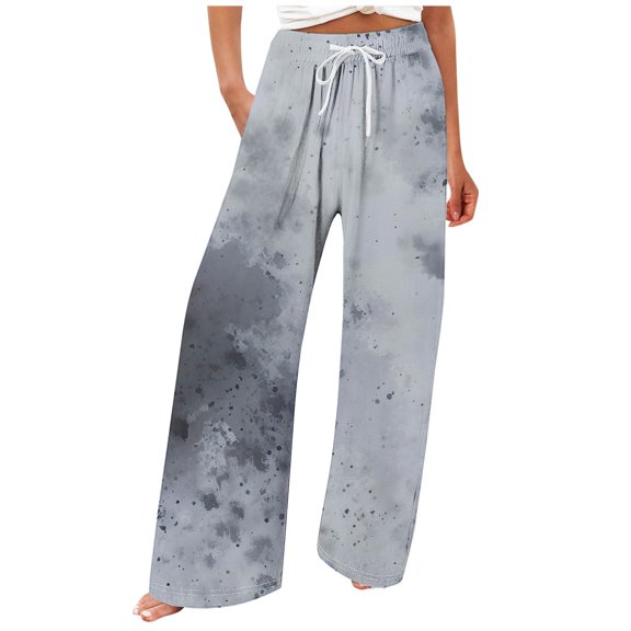 CQONEPT Women's Printed Pants Elastic Waist Wide Leg Pants Drawstring Comfortable Loose Lounge Fashion Pants Dark Gray 3XL