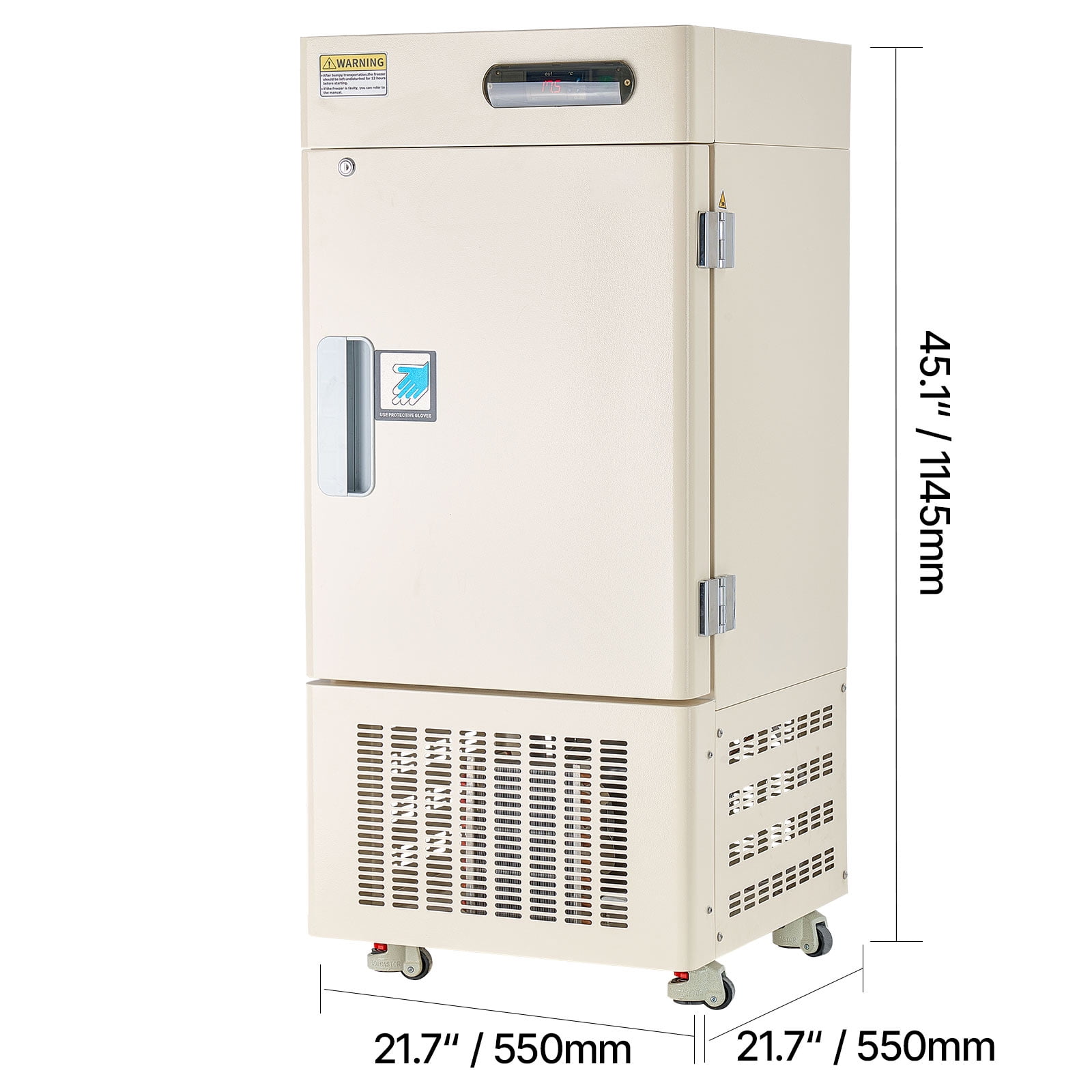 KFFKFF Ultra Low Temperature Freezer, 28 L, Adjustable −40℉ to −123℉ Range, with Rollers and Digital Display, 304 Stainless Steel Interior, Low Temp Freezer for Laboratory Sample Storage