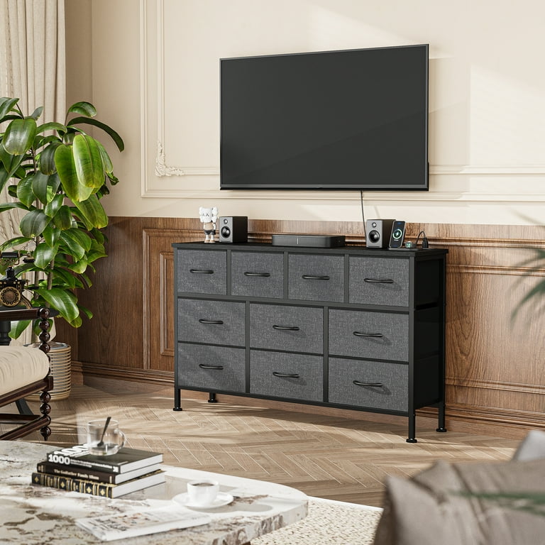 grey dresser tv stand Extra 39.4" W Dresser TV Stand, Metal Frame & Fabric Drawers Storage Cabinet for Bedroom, Living Room, Hallway, 39.4"Wx 31.5"H x 11.8"D / Grey