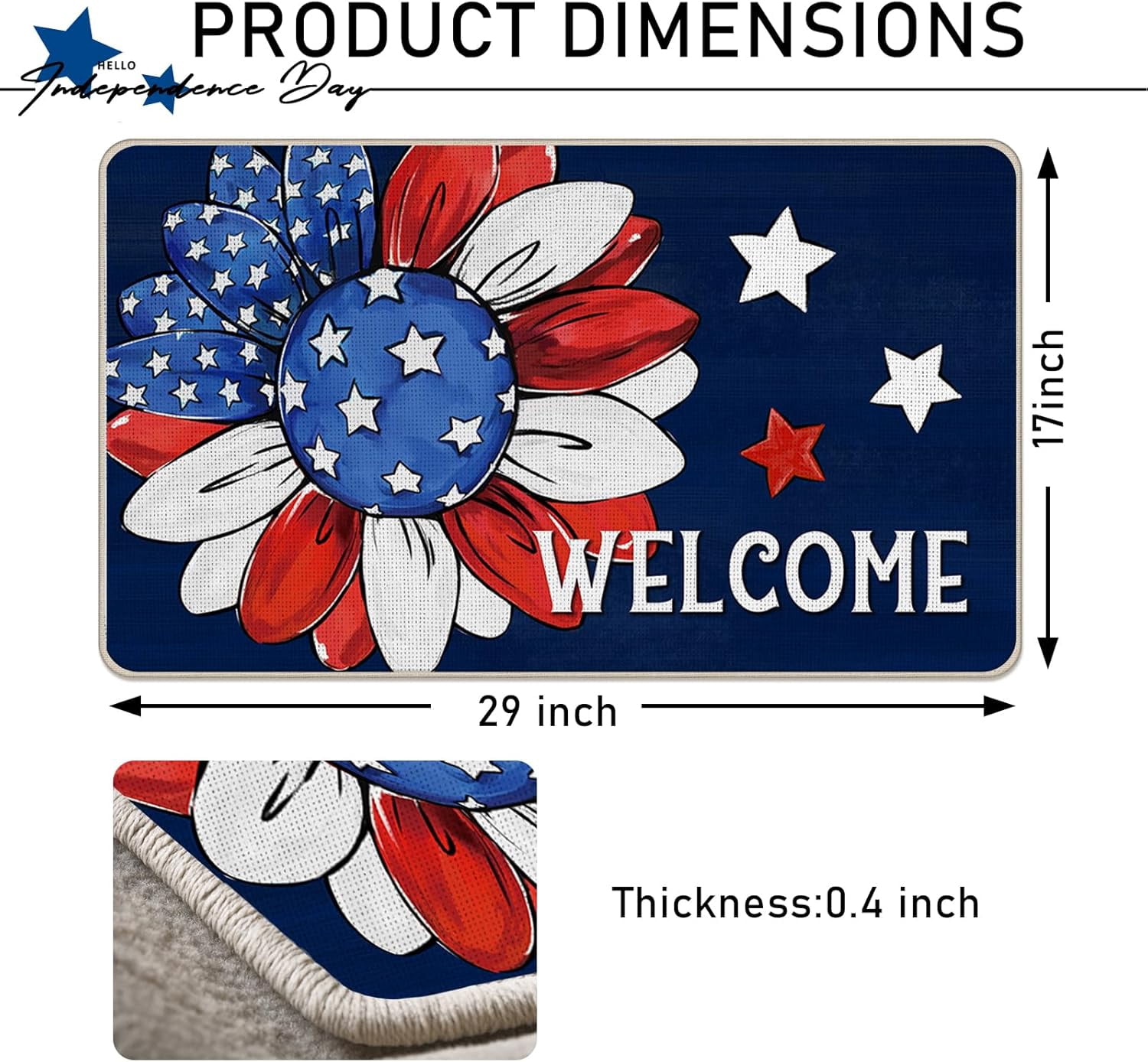 Welcome 4th of July Sunflower Patriotic Decorative Front Door Mat, America Floral Flower Doormat Indoor Outdoor Non-Slip Floor Entryway Rug, USA Stars Blue Home Kitchen Decoration 17x29 Inch