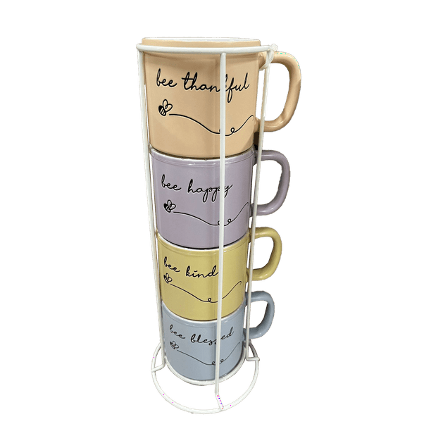 Marcelle, 4 Pc Stackable 14oz Multi-Color Ceramic Coffee Mug Set with a