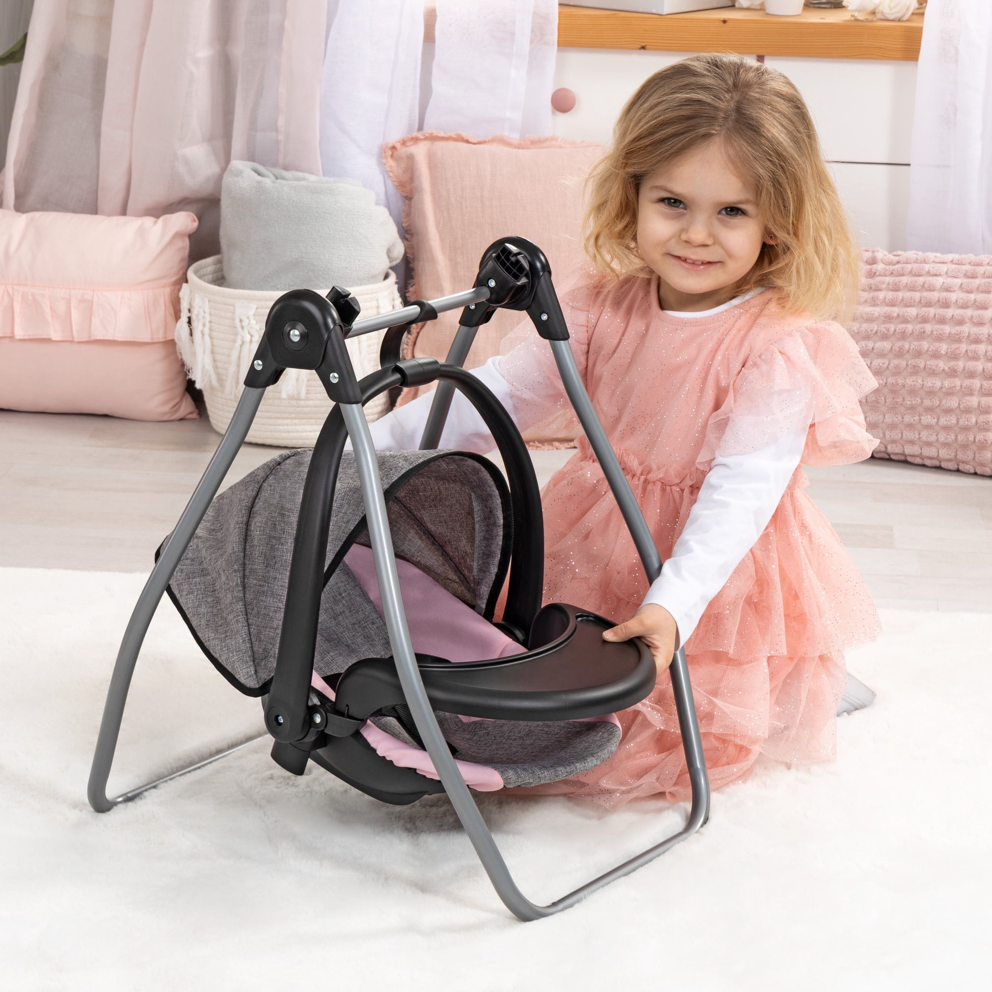 Bayer Design: Doll 4-In-1 Vario - Grey-Pink-Butterfly - Convertible Toy: Highchair-Swing-Bed-Car Seat, All-In-1 Care Accessory Fits 18" Dolls, Kids 3+