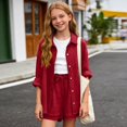 thumbnail image 5 of UACY Girls 2 Pcs Boho Linen Outfits Long Sleeve Button Down Loose Top Matching Short Pants Toddler Kids Casual Gauze Sets ﻿ (Brick Red, 7-8 Years), 5 of 8