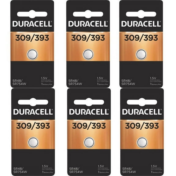 6 Duracell 309/393 Watch Calculator Silver Oxide Battery SR48, SR754W/SW, V309