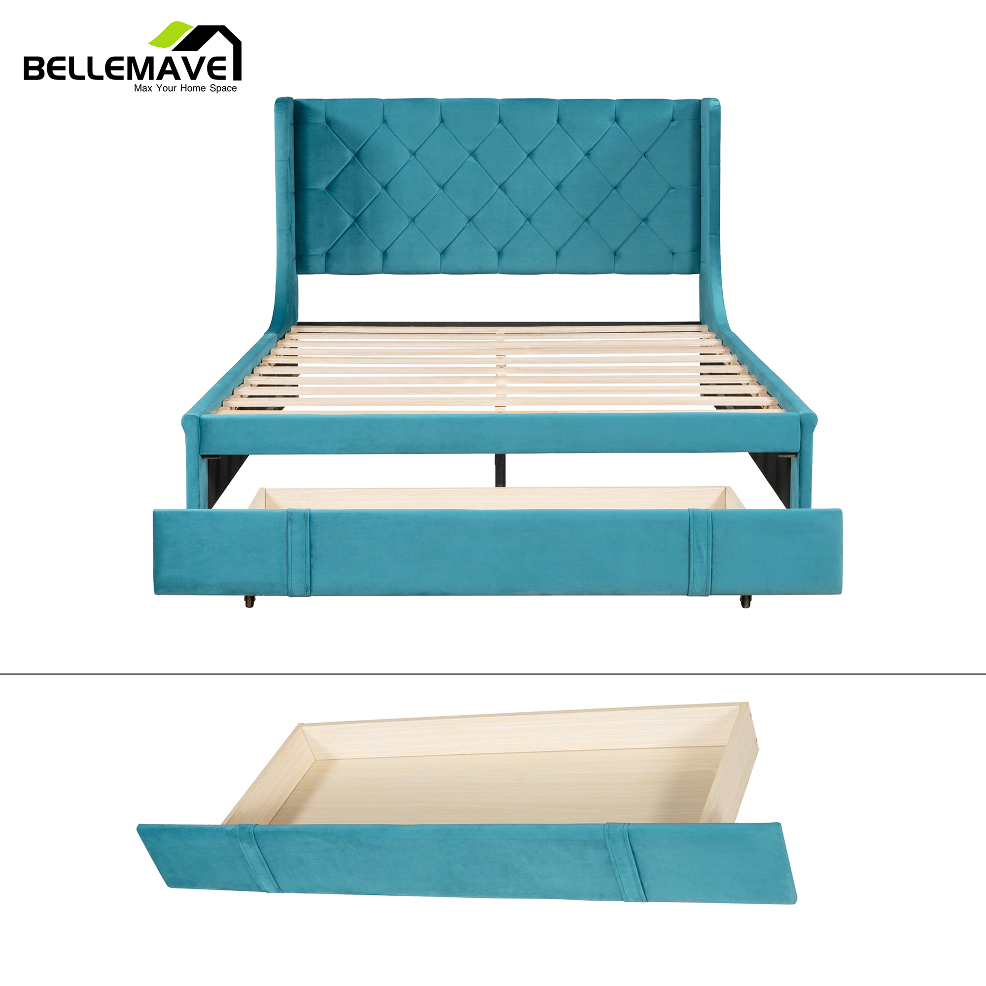 Bellemave Queen Upholstered Platform Bed Frame with Drawer, Storage Bed With Tufted Wingback Headboard, Blue - image 4 of 7