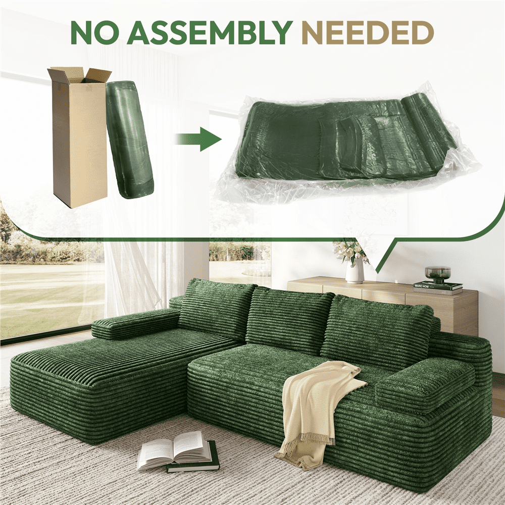 Renwick 110" L-Shaped Cloud Couch, Boneless Corduroy Sectional Sofa with 3 Detachable Pillows for Livingroom, Green