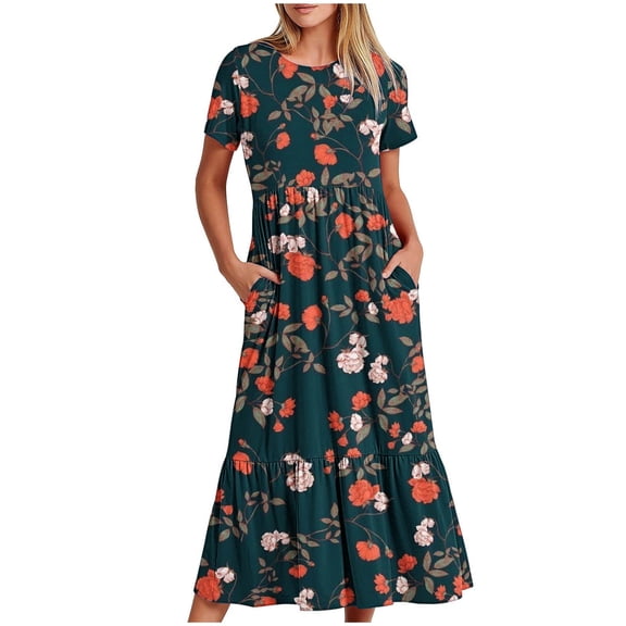 Women's Fashionable Short Sleeve Round-Neck Loose Flowers Printed Color Long Dress
