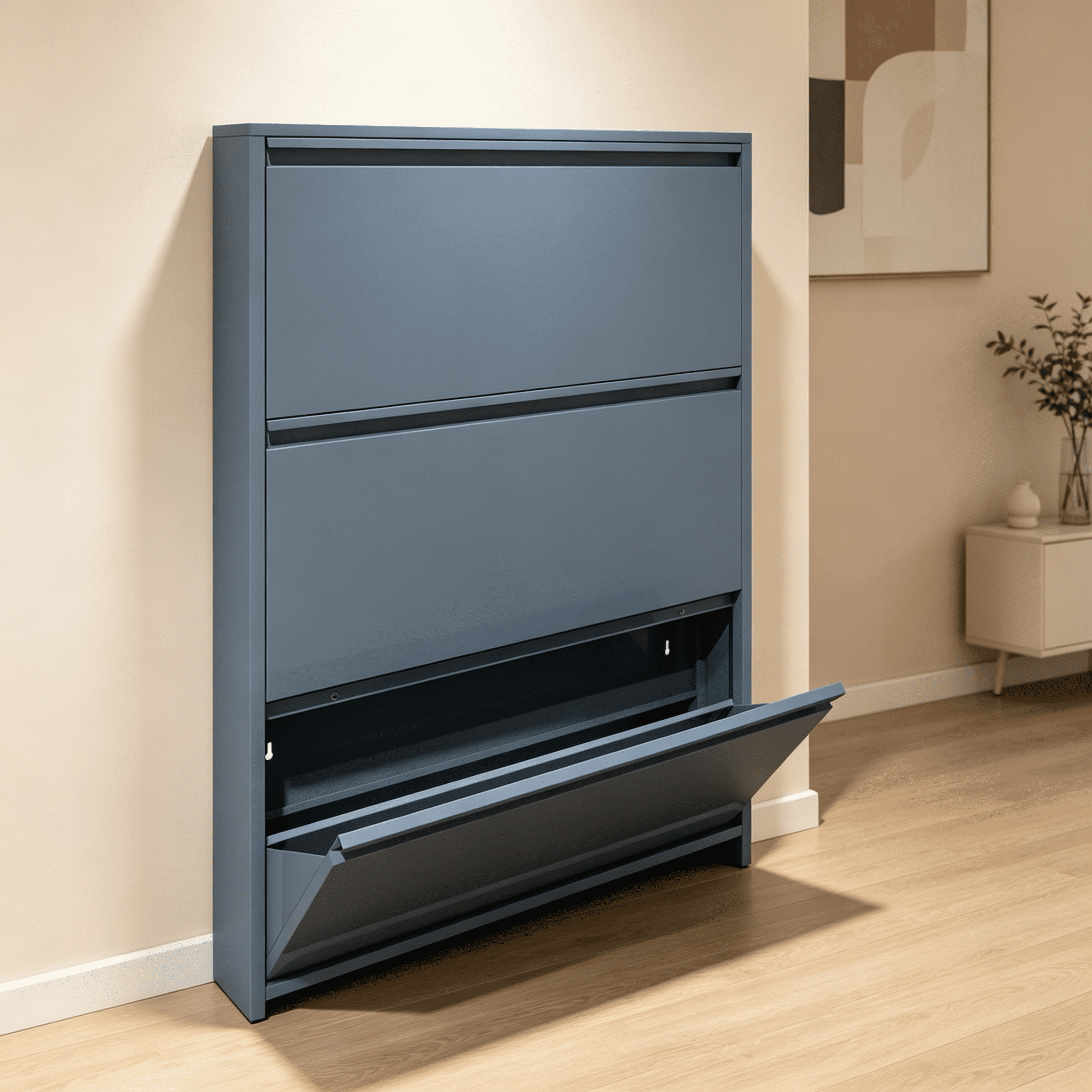 Metal Shoe Cabinet with 3 Flip Drawers, Wall Mounted Shoe Organizer, Narrow Slim Hidden Shoe Rack for Entryway,Blue