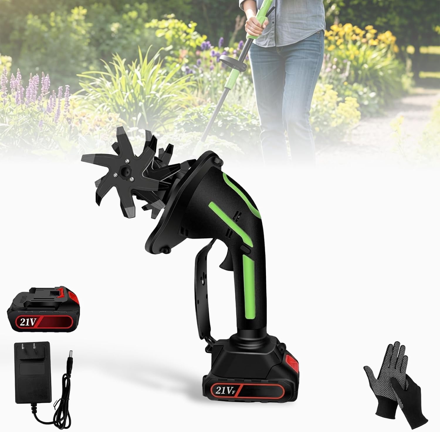 2-in-1 Cordless Tiller and Cultivator with Extension Pole, Battery Powered Handheld Garden Tiller, Rechargeable Soil Cultivator for Gardens, Flower Beds, Weeding, and Trenching (2 Battery+Rod)