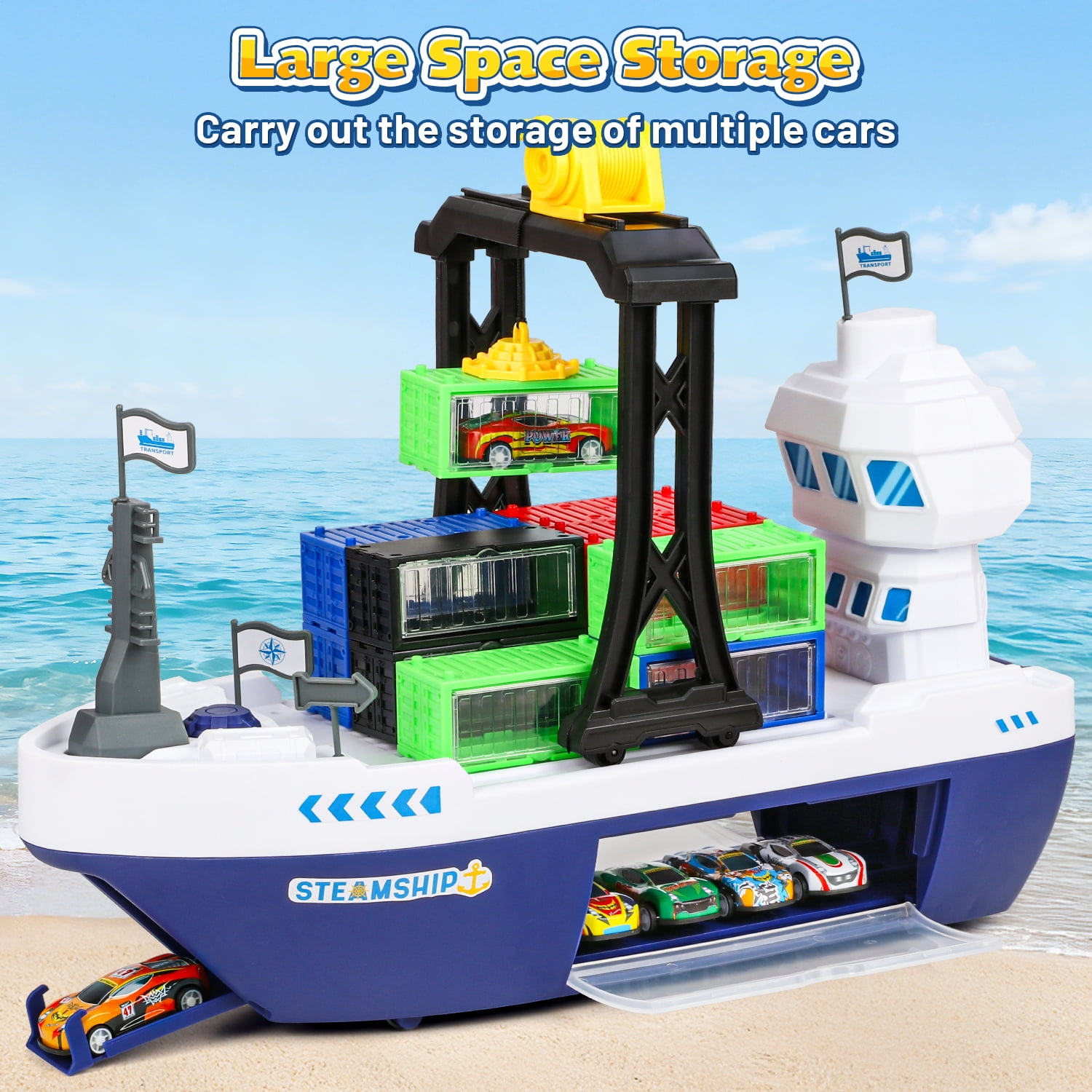 UQN Cargo Ship Toy & Gantry Crane for kids, Toy Boat and Crane Playset with 6 Race Cars and 12 Containers, Transport Cruise Ship, Cargo Boat Toys Birthday Gift for 3 4 5 6 7 8 Year Old Boys Kids