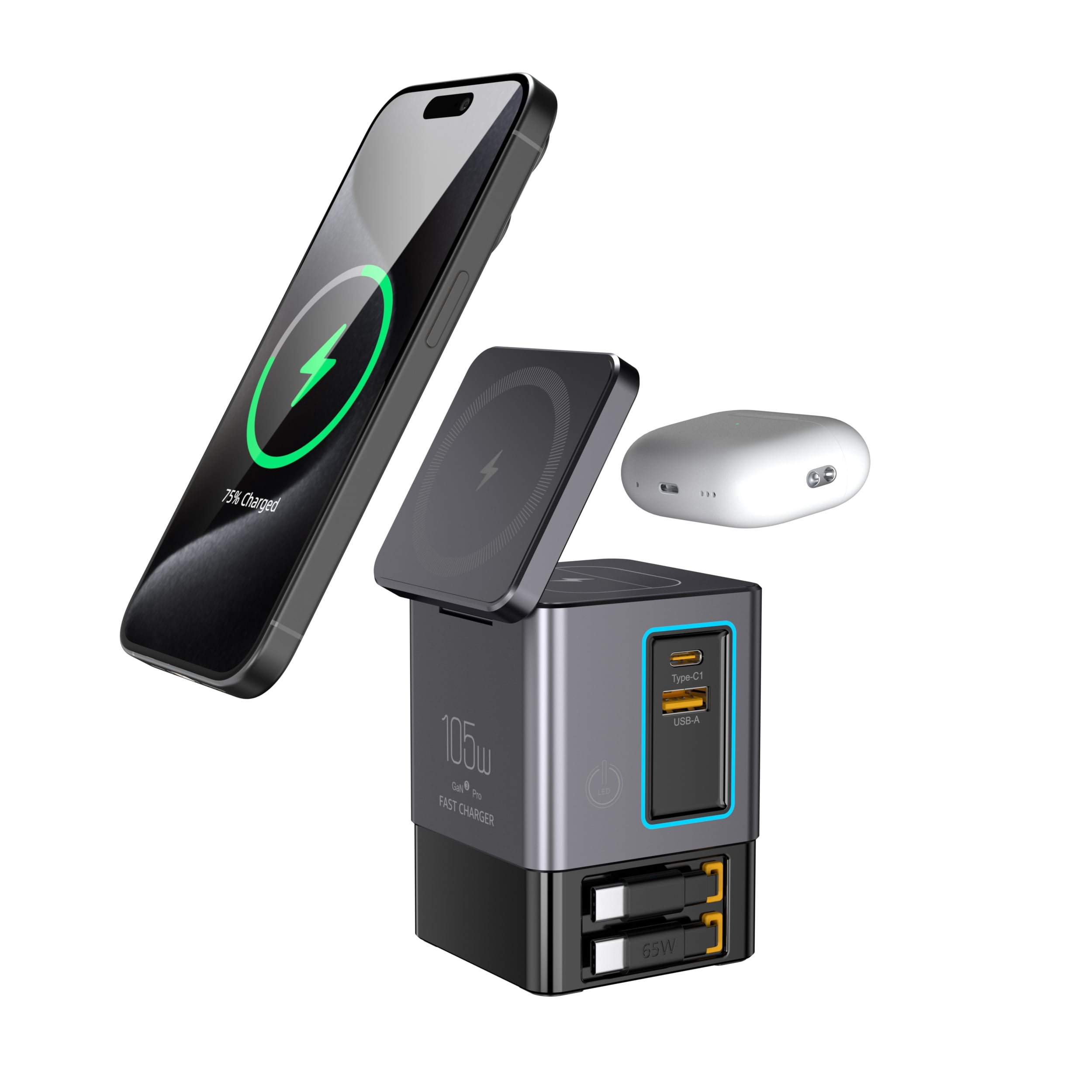 105W Black 6-in-1 GaNFast™ Charging Station Total Output, 15W MagSafe Wireless Charger, PD65W Retractable Type-C Cable, PD20W Retractable Lightning Cable, PD18W USB-A Port, AirPods Wireless Charger