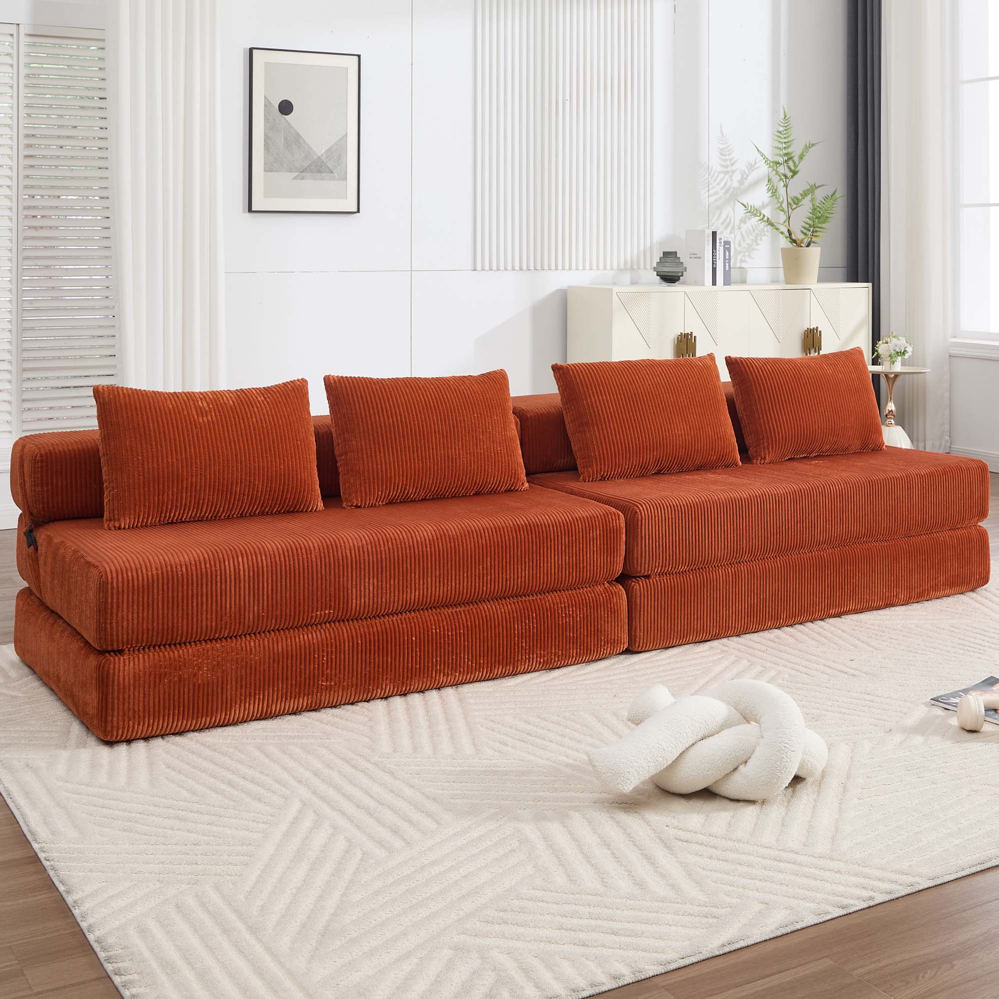 Miniyam Orange Sofa Bed, 55"x80" Full Size Sleeper & Compact Lounge Chair, Converts from 16"H Seat to Bed, Easy Assembly for Small Space, Dorm, Office