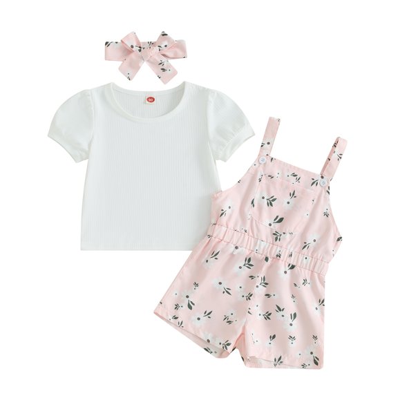 Bagilaanoe 3Pcs Toddler Baby Girls Overalls Shorts Set Short Sleeve T-Shirt Tops Floral Suspender Short Pants Headband 12M 18M 24M 3T 4T 5T Kids Summer Clothes