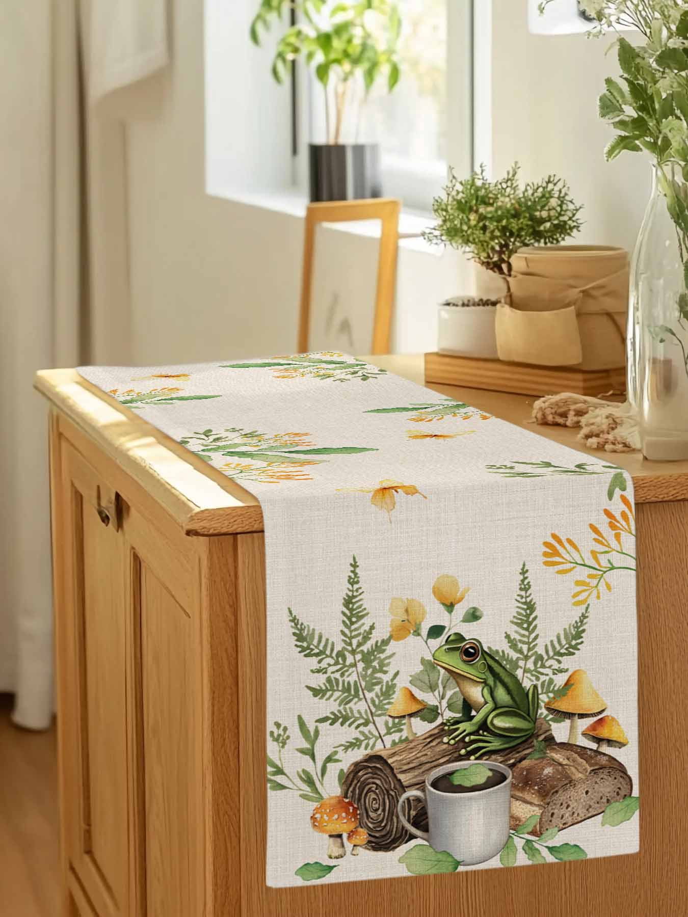 Pastoral Coffee Frog Mushroom Table Runner 90 Inches Long, Retro Bread on Linen Table Runners Tabletop Scarf Kitchen Dining Tables Decoration for Home Party Indoor Outdoor