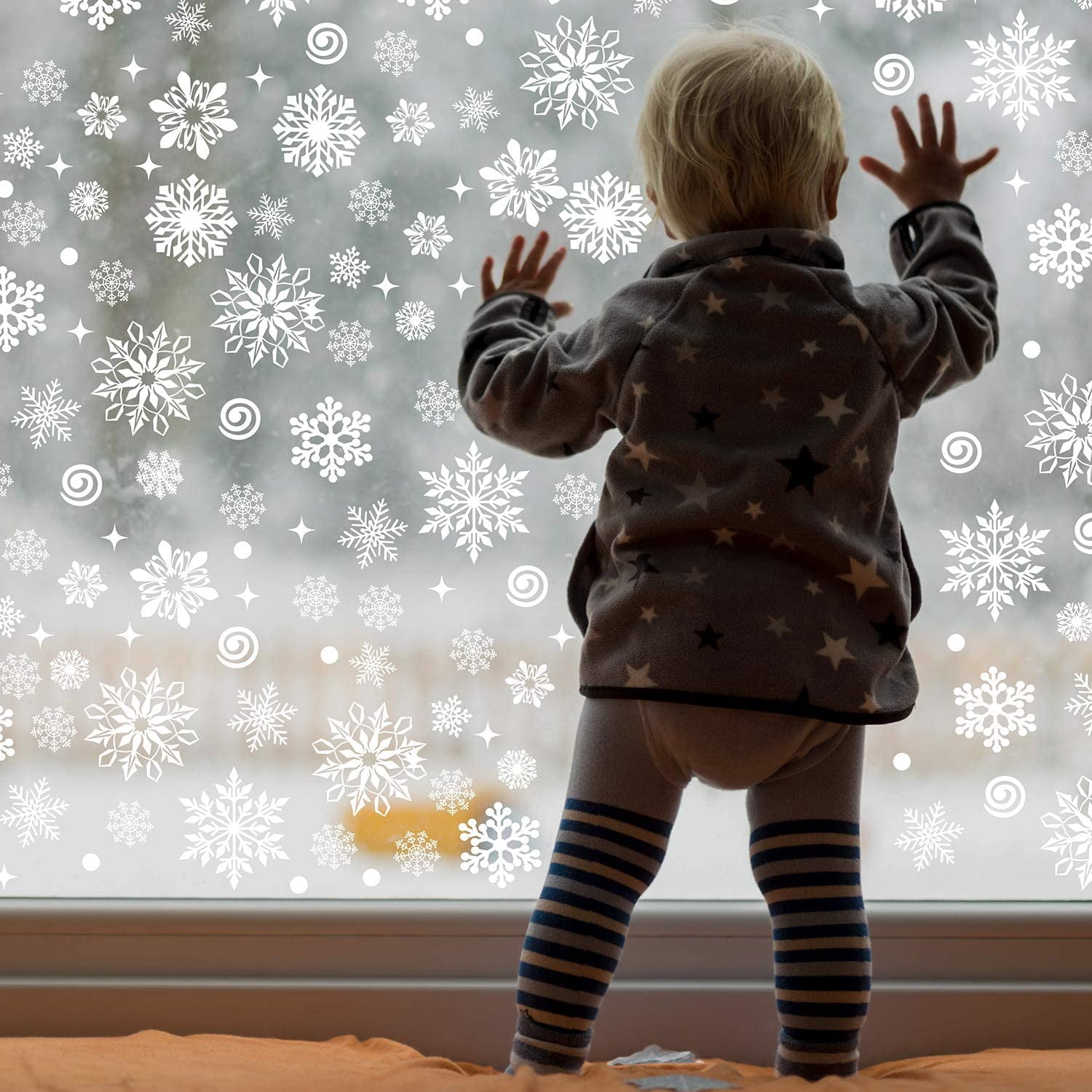 570 Pieces Snowflake Window Clings Winter Window Clings Christmas Snowflake Decal Stickers Window Clings Decorations for Christmas Frozen Theme Party New Year Supplies, 9 Sheets (White)