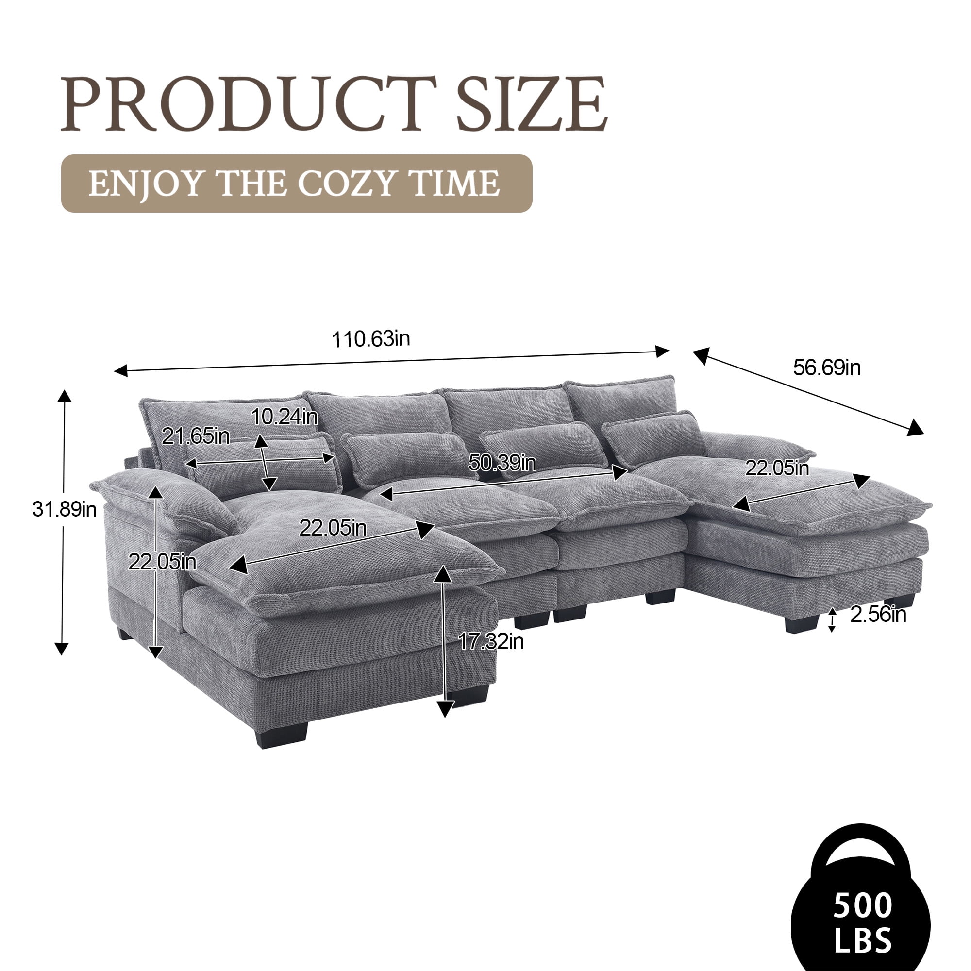 MOONMISS Chenille Upholstered U-Shaped Oversized four-seater Living Room Sectional Sofa With Wooden Frame-Light Gray