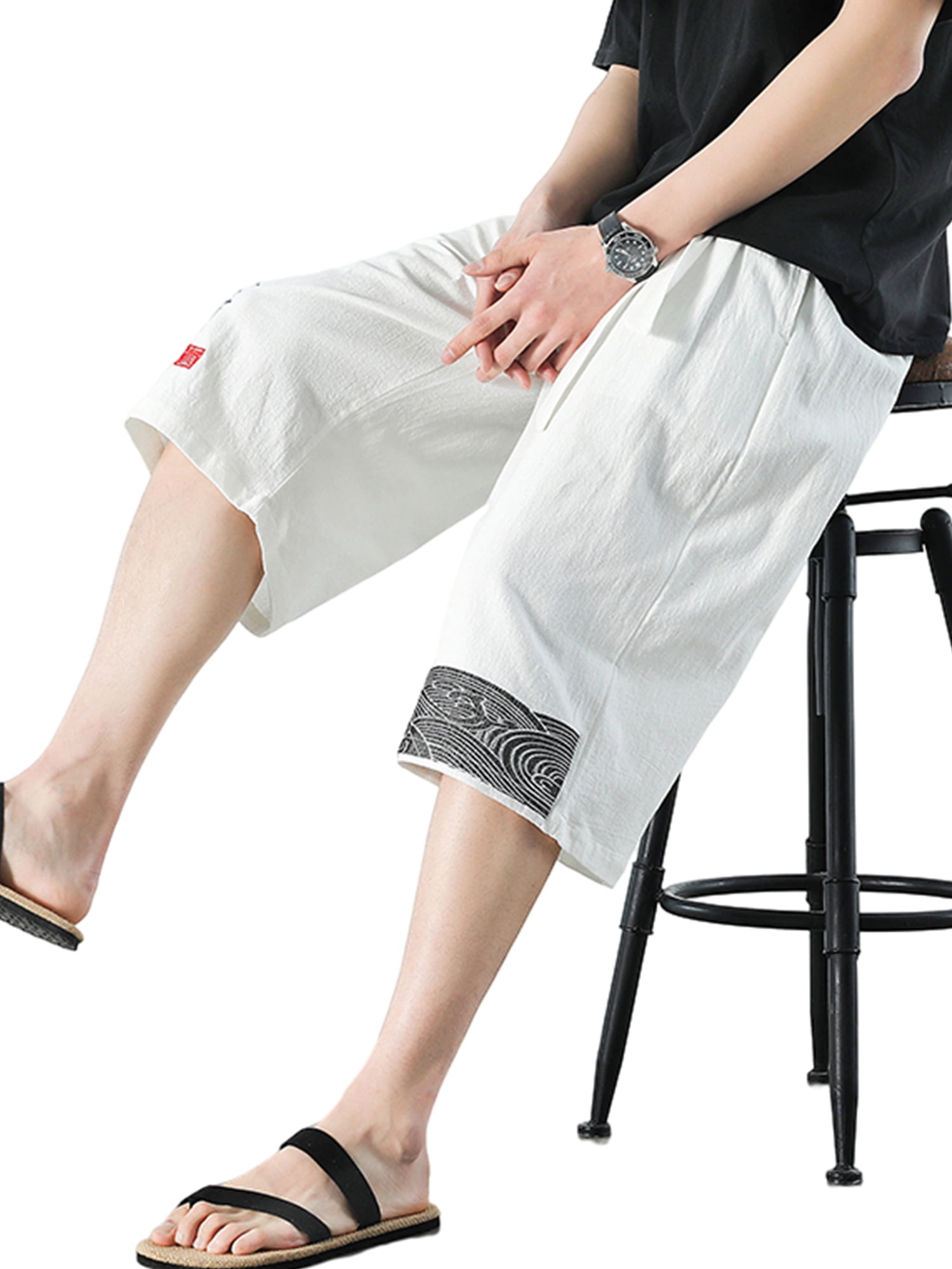 Niuer Mens Casual Straight Wide Leg Capri Pants Breathable