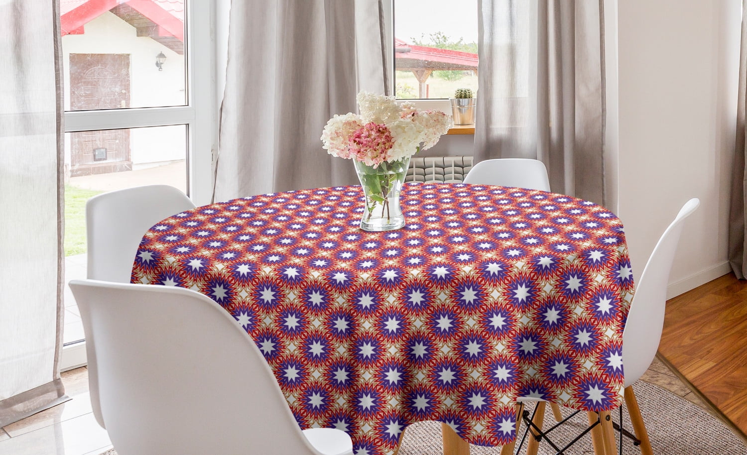 Geometric Round Tablecloth, Octagonal Stars Formed by Zigzag Lines and Triangles, Circle Table