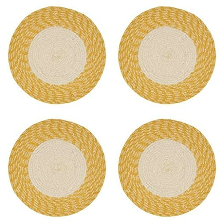 

Fennco Styles Hand Braided Two-Tone Cotton Placemats 15 Round Set of 4 - Yellow Woven Texture Heat Resistant Insulation Table Mats for Home Décor Dining Table Banquets Holidays Special Occasions