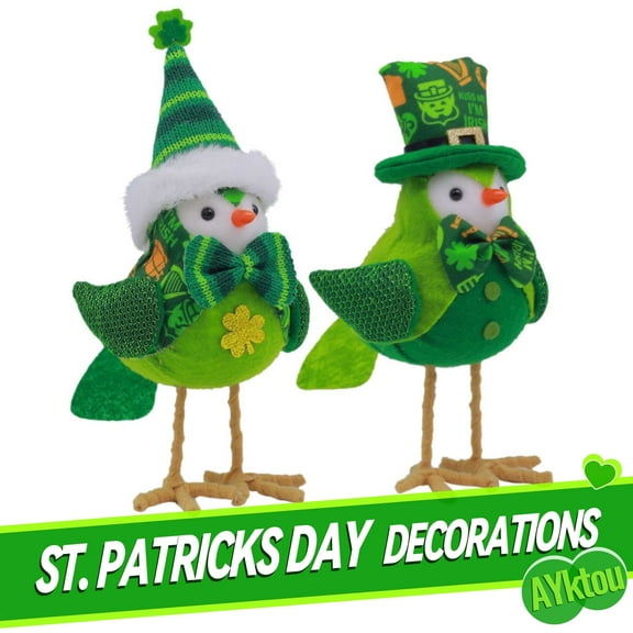 AYktou St Patricks Day Decorations-St Patricks Day Bird Decor with Green Hat & Shamrock,Bird Decorations for The Home Kitchen Table Fireplace Mantel Ornaments,St Patricks Day Gifts
