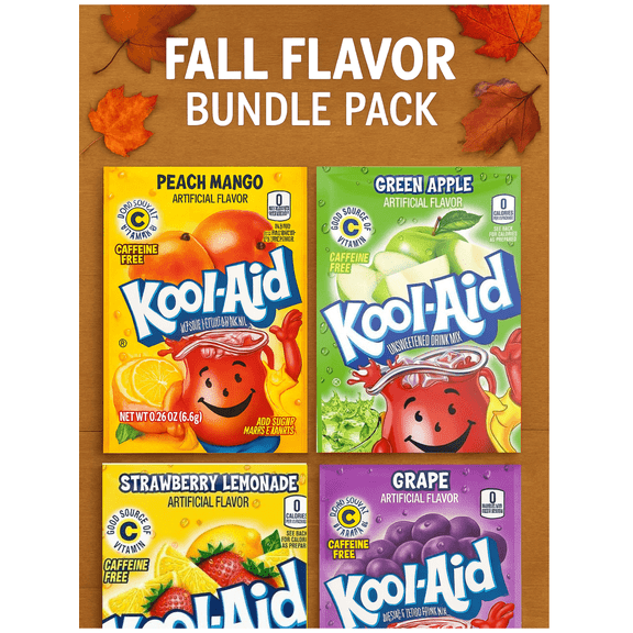 Kool-Aid Fall Flavor Bundle Pack – 4 Flavor Variety (Peach Mango, Strawberry Lemonade, Green Apple, Grape) | Unsweetened Powdered Drink Mix Variety Pack | Caffeine-Free | 4 Packets