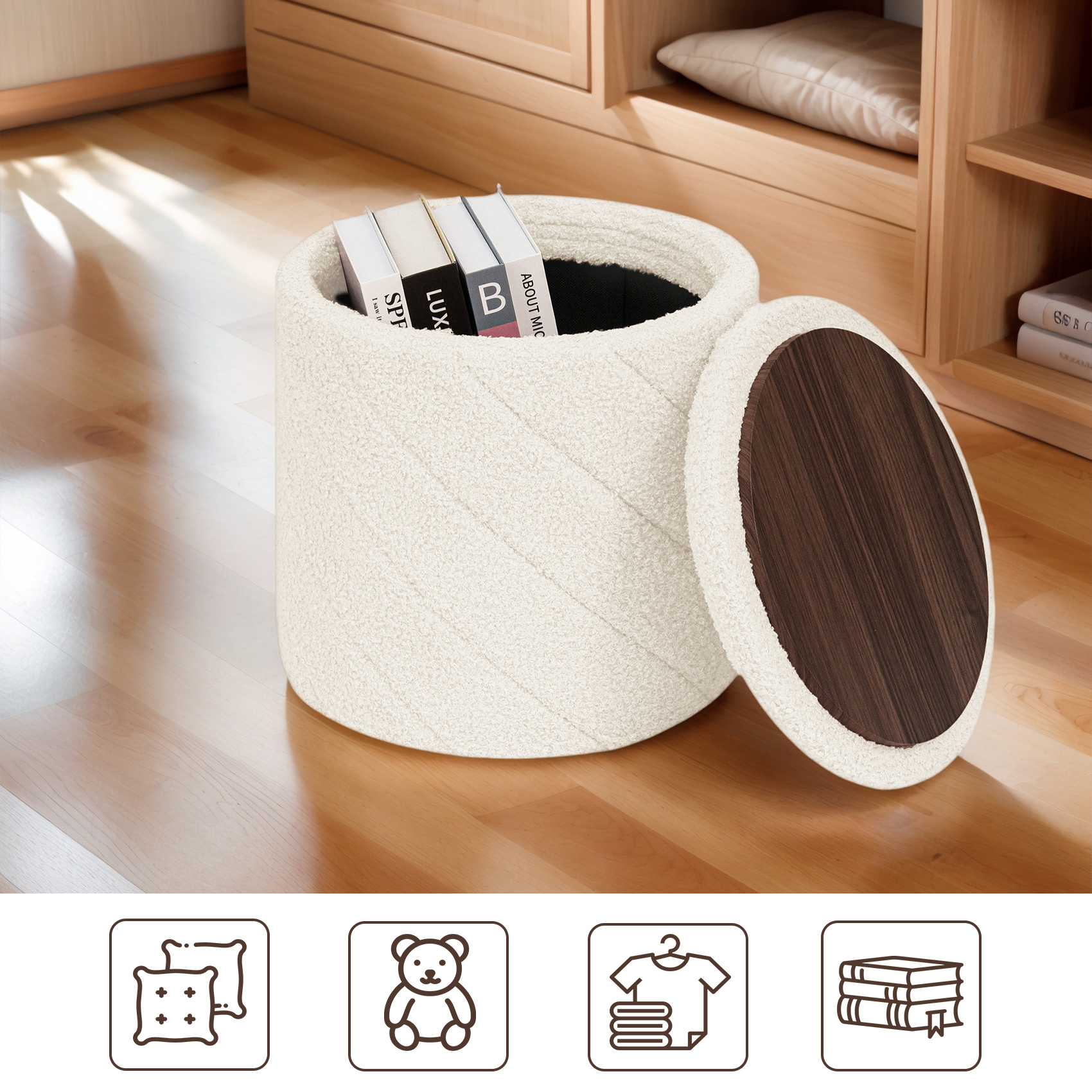 PINPLUS Small Storage Ottoman with Tray Collapsible Foot Rest Stool Seat for Living Room White,Sherpa Fabric