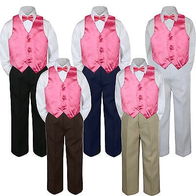 

4pc Coral Pink Red Vest Bow Tie Suit Pants Set Baby Boy Toddler Kid Uniform S-7