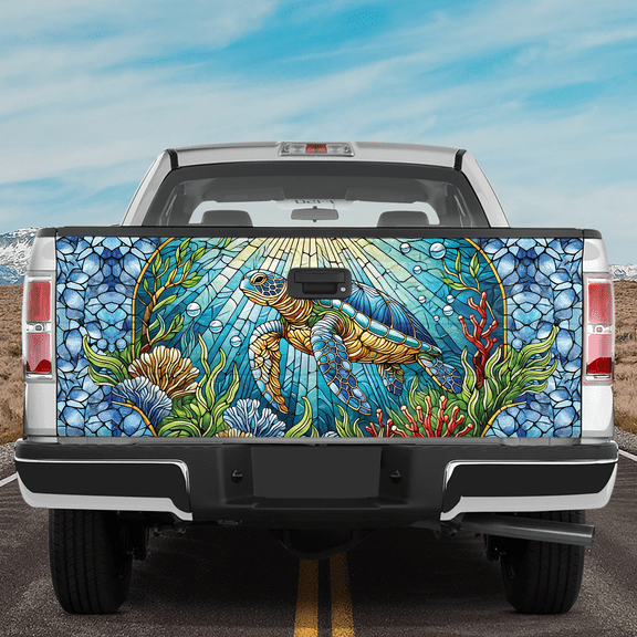 Lotusprinthandmade Colorful Sea Turtle Tailgate Wrap 2 Sizes (24"x58"), vibrant sea turtle tailgate decal, sea turtle truck graphic