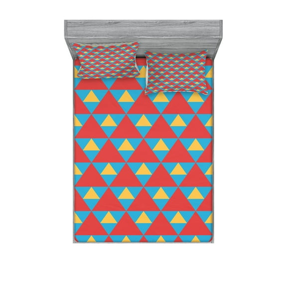 Ambesonne Retro Fitted Sheet & Pillow Sham Set, Big Small Triangles Retro, Queen, Sky Blue Marigold