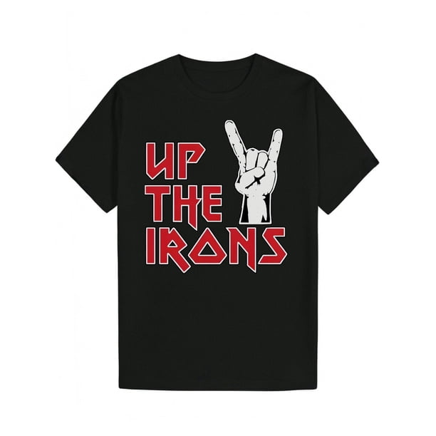 Camiseta gráfica "UP THE IRONS" para hombre: camiseta informal de algodón negro con letras blancas, cuello redondo, lavable a máquina para verano.