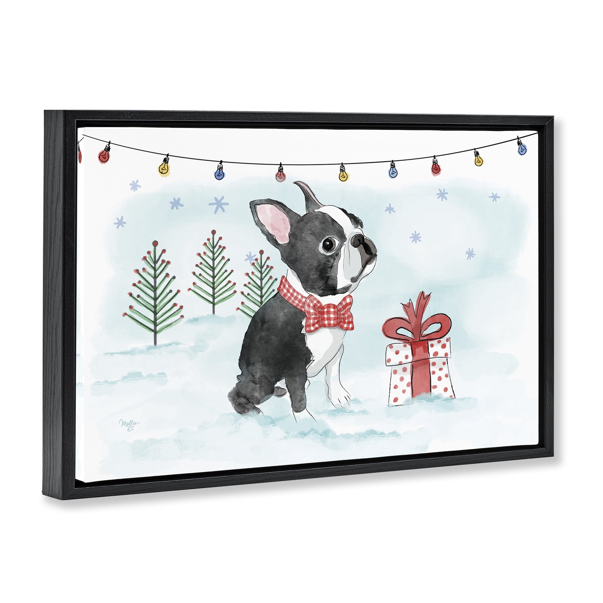 Stupell Industries Snowy Boston Terrier Holiday Painting Black Floater Framed Canvas Art Prints Wall Art, 25 x 17