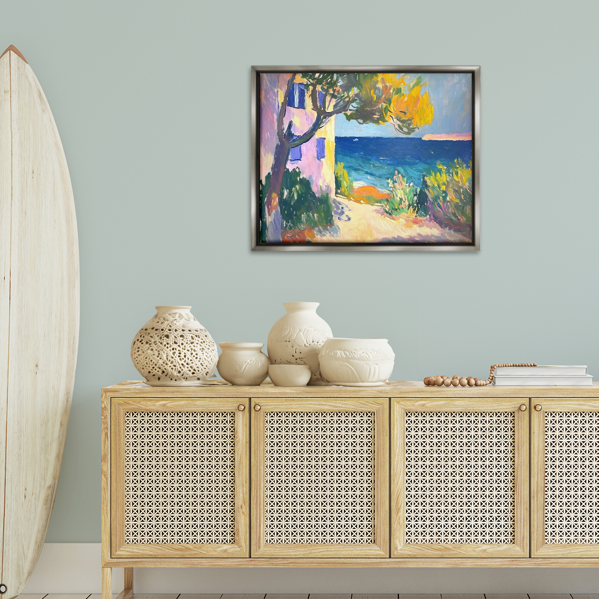 Stupell Industries House On Coastline Coastal Painting Gray Floater Framed Canvas Art Print Wall Art, 31 x 25