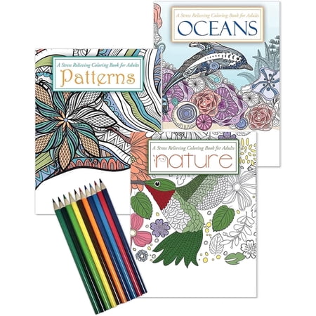 ZoCo Adult Coloring Books Gift Set – 3 Coloring Books (Oceans, Nature & Patterns), 72 Designs, 10 Pre-Sharpened Colored Pencils, Perforated Pages, Stress Relief Art Activity for Adults & Teens