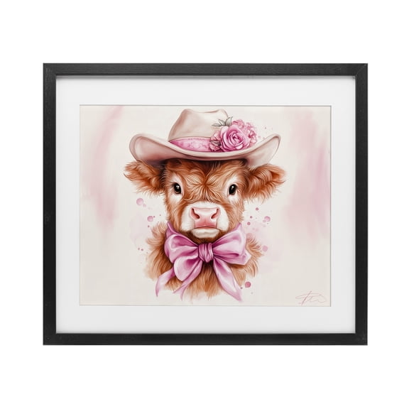 Pretty In Pink Cow Black Framed Print Under Glass, design by Shawna Stewart