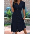 thumbnail image 3 of Women'S Short Sleeve V Neck Sundress Summer Casual Button Floral Dress with Pockets Navy Blue S, 3 of 4
