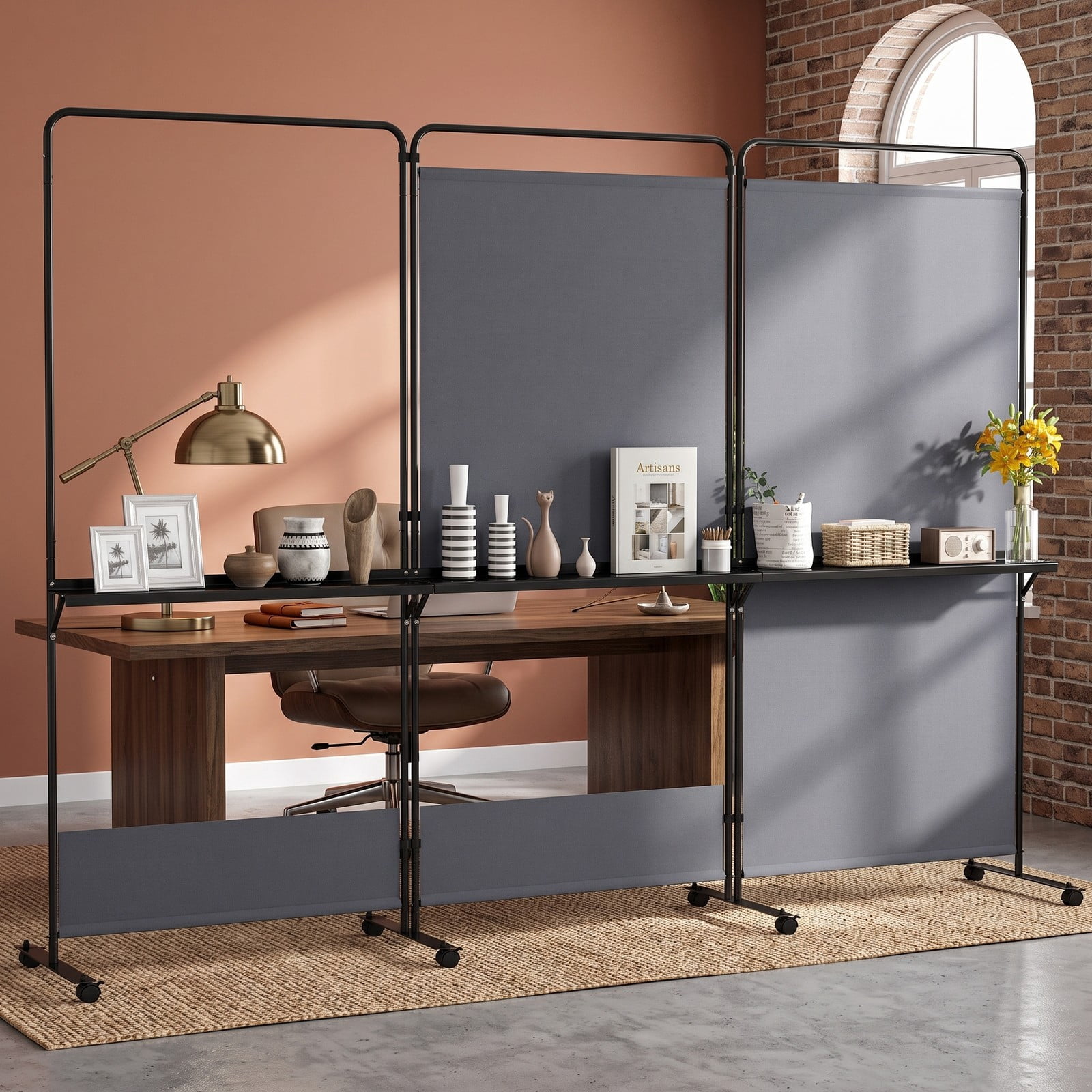 ALPULON 3-Panel Room Divider with 3 Shelves, 6 FT Tall Folding Privacy Screen Freestanding Partition with Lockable Wheels for Living Room Bedroom Office, Gray