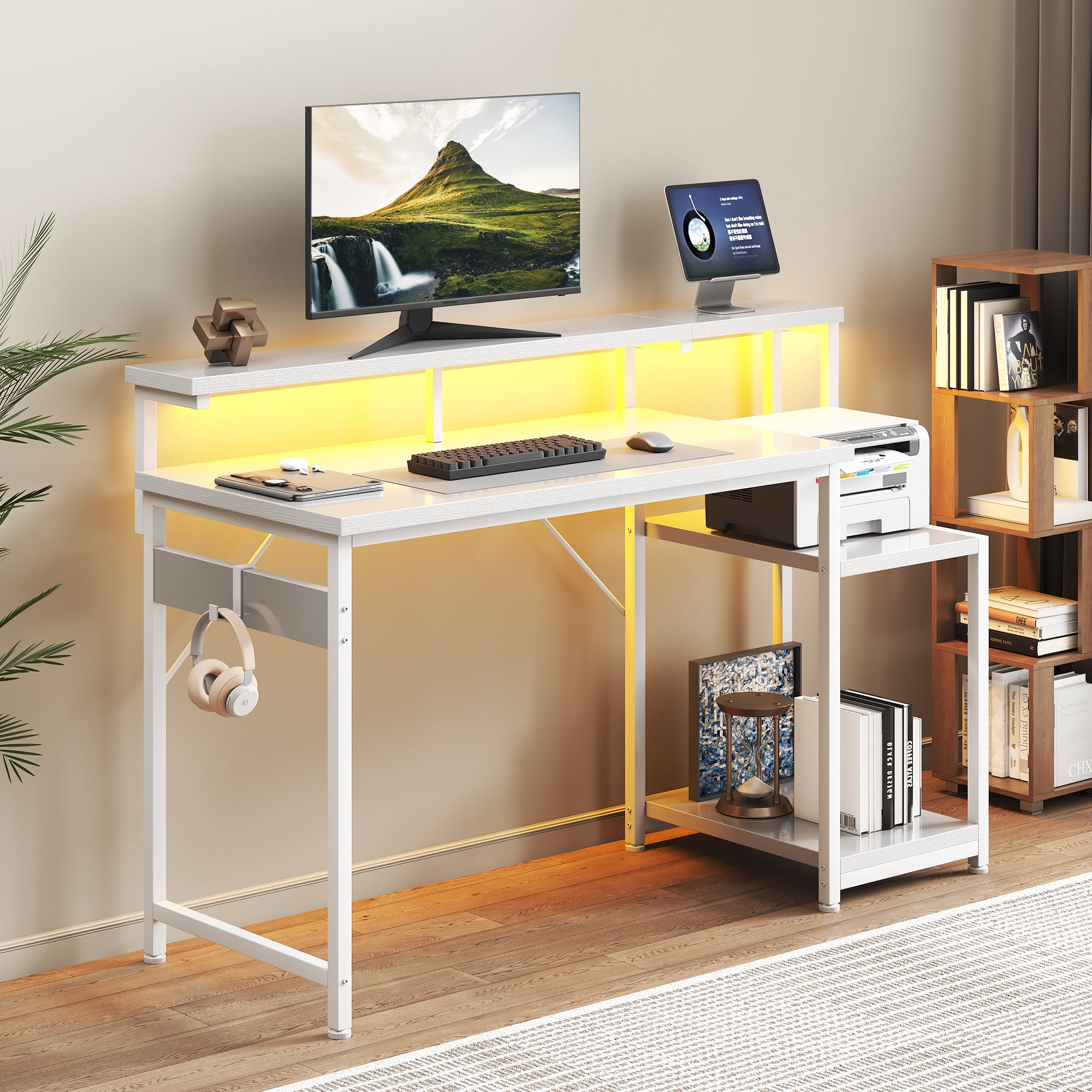 Casacomoda 48 Inch Computer Desk with Monitor Stand & LED Lights, Home Office Desk with Adjustable Storage Shelf & CPU Stand, White