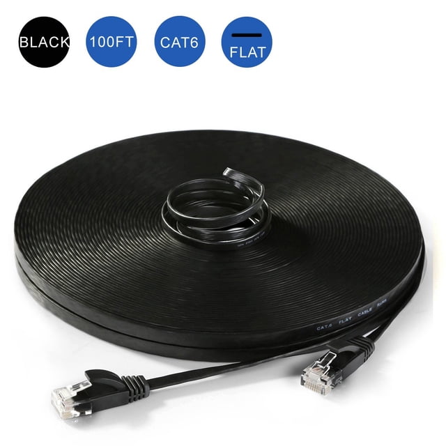 Konex (TM) Ethernet Cable Cat6 Flat 100ft Black, Network Cat 6 Patch Cable, Internet Cable With Snagless RJ45 Connectors