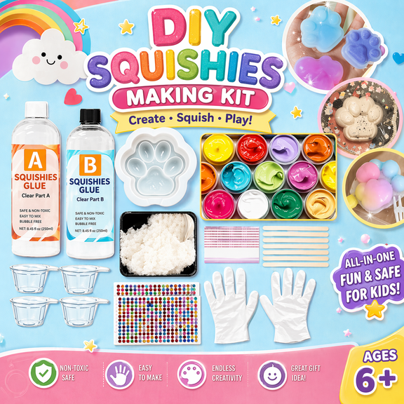 DIY Silicone Squishies Maker Kit, Fast Curing & Bubble Free Liquid Rubber Set, Soft Cat Paw Molds for Hand-Made Fidget Toys, Stress Relief Craft Set