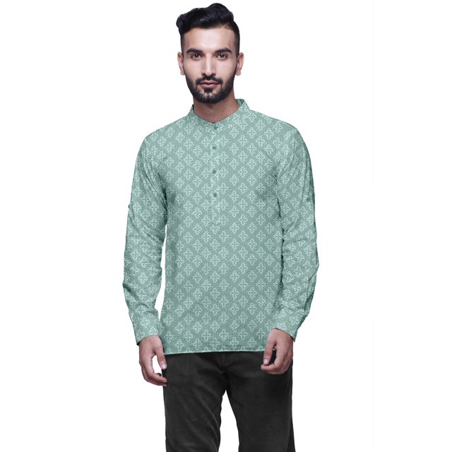 Atasi Kurta en Coton à Manches Longues à Revers pour Hommes Col Mandarin Chemise Ethnique Imprimée