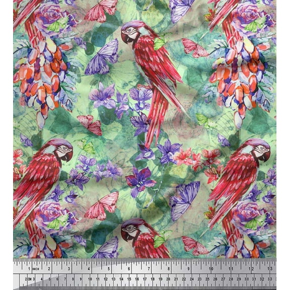 Soimoi Green Cotton Duck Fabric Floral,Insect & Parrot Bird Printed Craft Fabric by The Yard 42 Inch Wide