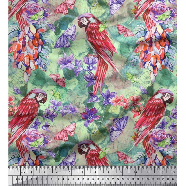 Soimoi Green Rayon Fabric Floral,Insect & Parrot Bird Printed Fabric 1 Yard 56 Inch Wide