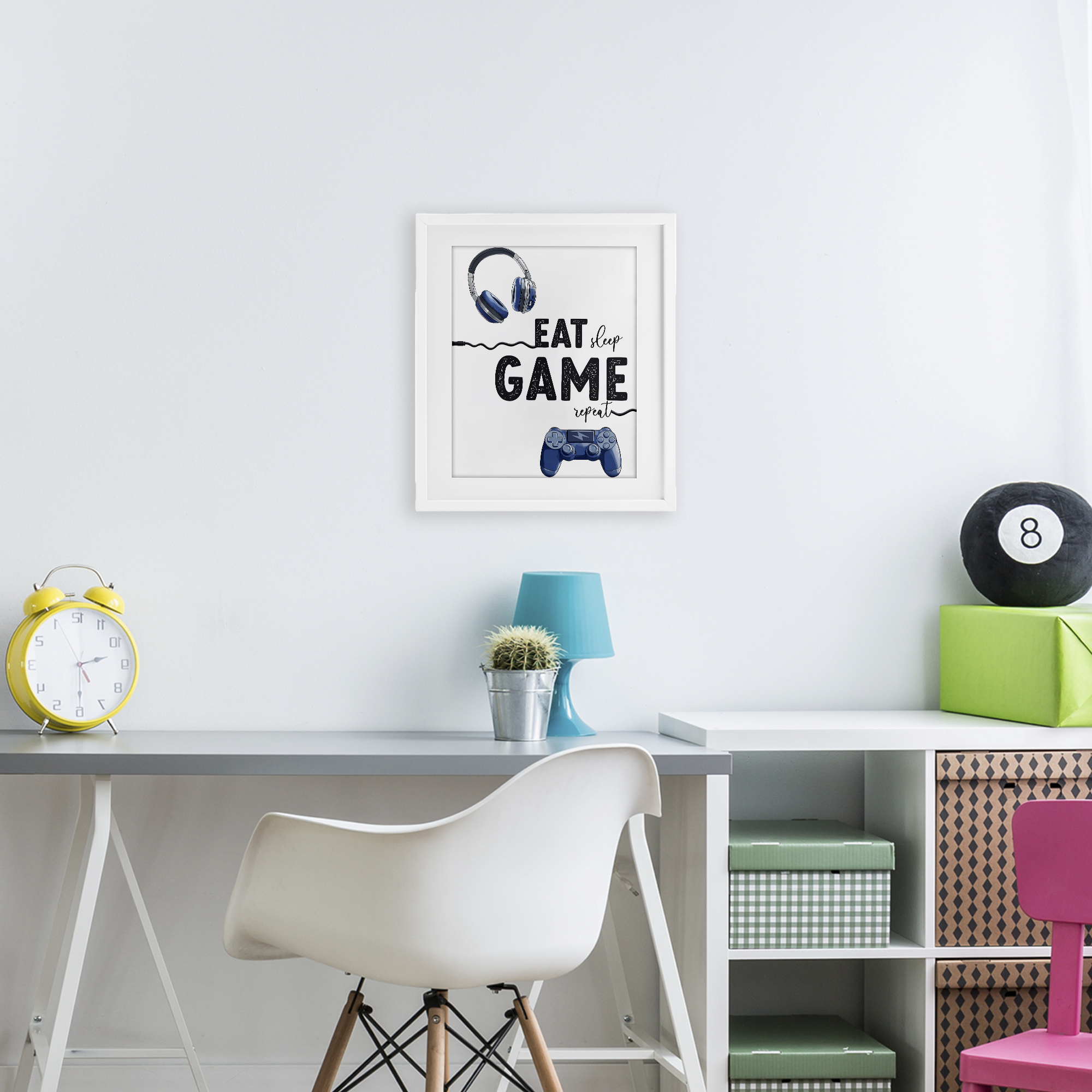 Eat Sleep Game Lifestyle White Framed Print Under Glass, design by Christine Simpson Art