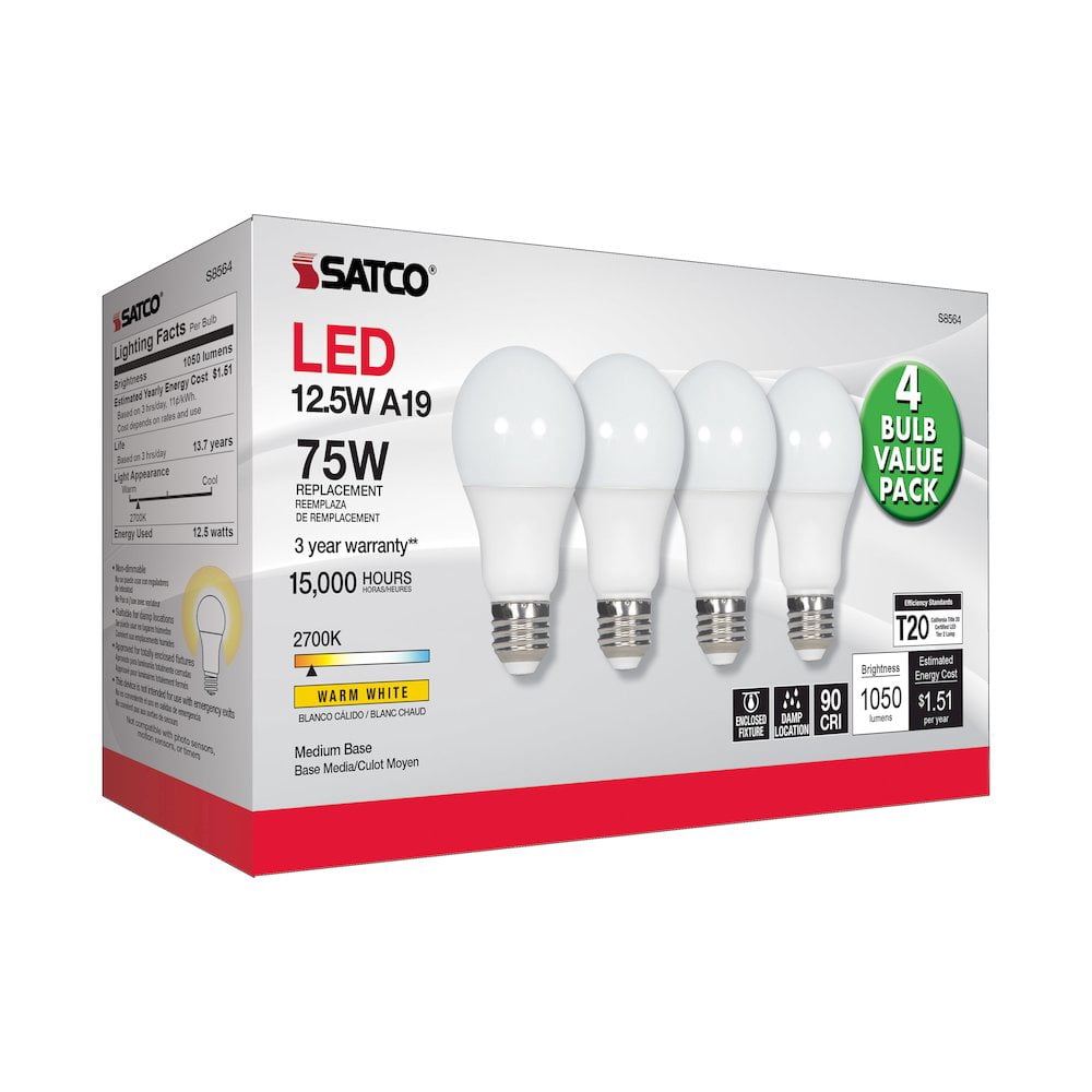 Satco 4Pk. 12.5w A19 LED 2700K Medium base 120 volts
