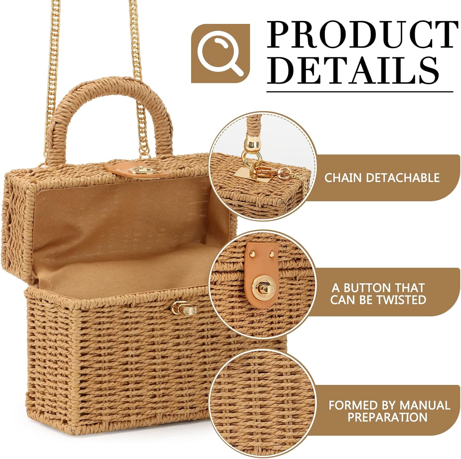Women Handwoven Rattan Handbag Beach Straw Tote Bag Square Boho Crossbody Bag