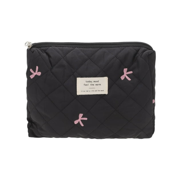 Bolsa de maquillaje bordada con lazo única 1 Pc Poliéster negro