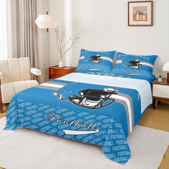 Homewish Kids Rugby Helmet Twin Sheet Sets,Football Sport Twin Fitted Sheet,Blue White Flat Sheet For Teens,Ultra Soft Home Decor,3pcs