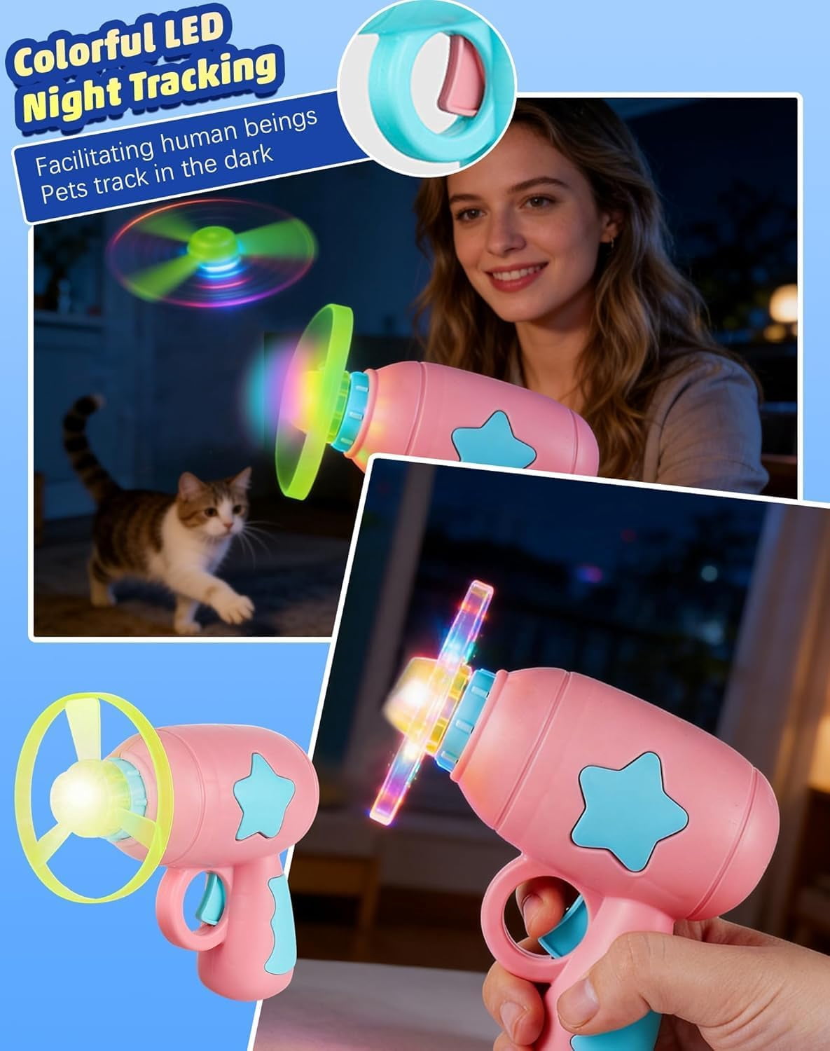 Bamboo Dragonfly Catapult Launcher, LED Glowing Cat Toy Disc Launcher, Interactive Pet Fetch Toy for Cats Kittens Exercise & Night Play, Fun Gift for Pet Lovers